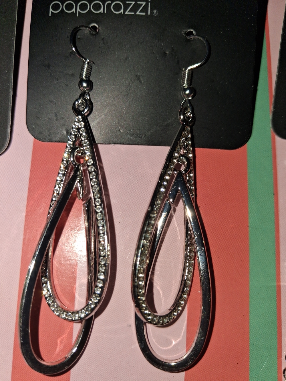 paparazzi Silver Double Teardrop Dangle Earrings with Rhinestones